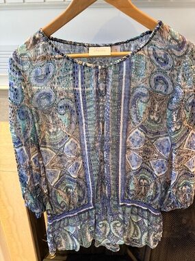 Chico's Blue and Teal Paisley Peasant Blouse